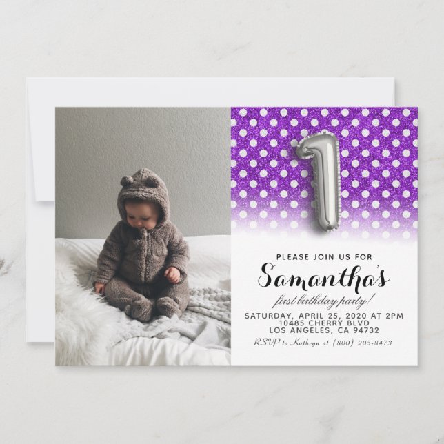 Första födelsedag Glitter Porträtt Inbjudningar (Framsida)