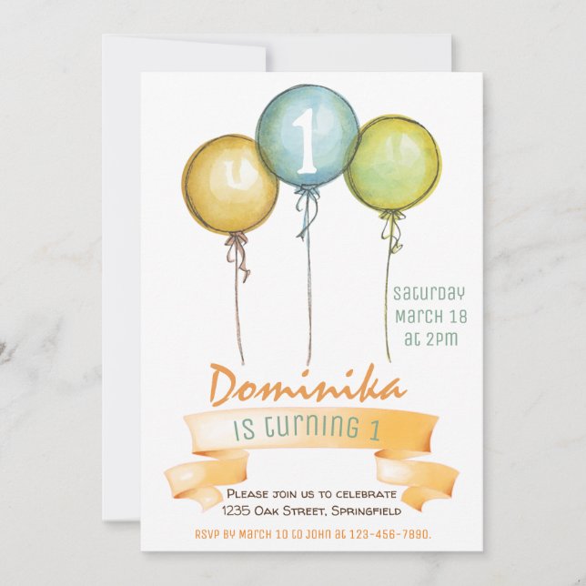 Första födelsedag, inbjudan, födelsedagsfest, oran inbjudningar (Framsida)