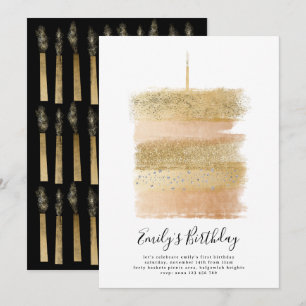 Första födelsedag Inbjudan Girl, Cake Sparkly Guld