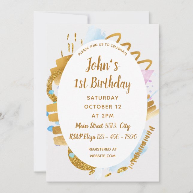 Första födelsedag - känslig inbjudan till Golden-i (Framsida)