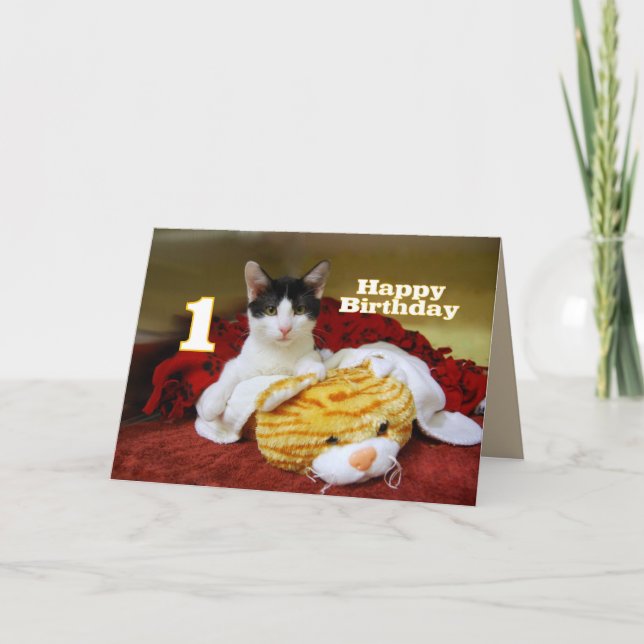Första födelsedag Kitten med Leksak Tiger Kort (Framsida)