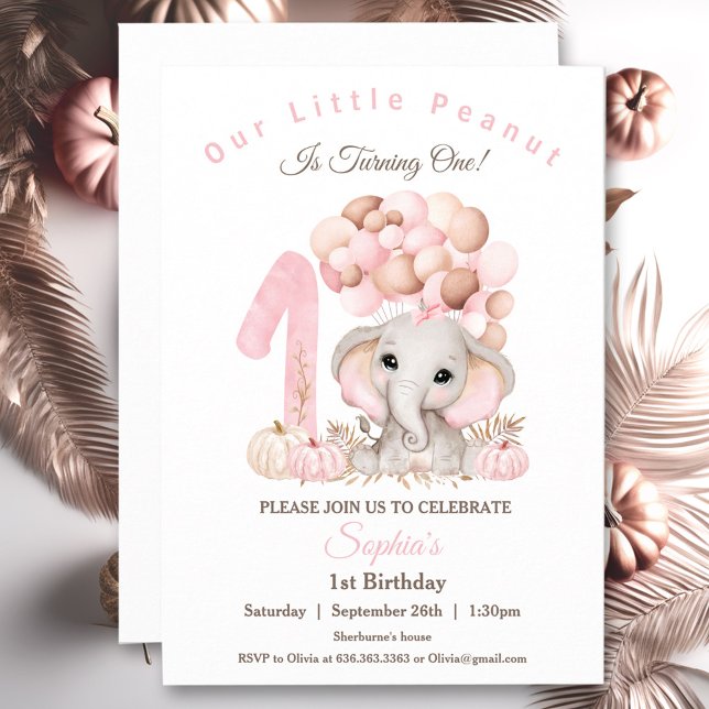 Första födelsedag Kute Elephant Fall Girl-inbjudan Inbjudningar (First Birthday Cute Elephant Fall Girl Invitation)
