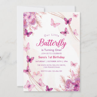 Första födelsedag Lila Blommigt Butterflies Girl Inbjudningar