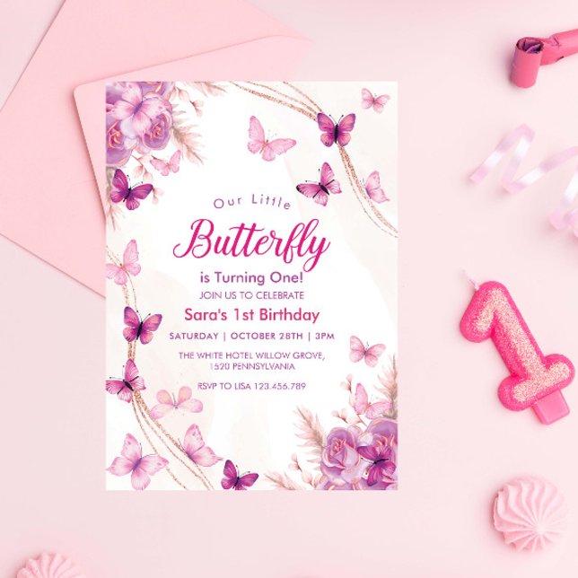 Första födelsedag Lila Blommigt Butterflies Party Inbjudningar (Skapare uppladdad)