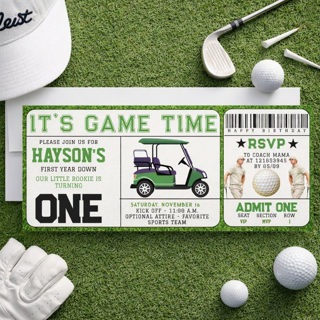 Första födelsedag med Year Down Golf-biljett Inbjudningar (Year Down Golf Ticket 1st Birthday Invitation)