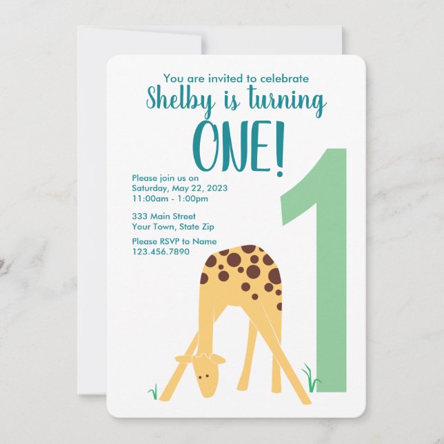 Första födelsedag Modern Gult Baby Giraffe Inbjudningar (Framsida)