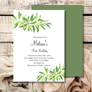 Första födelsedag Modern Olive Gren Sage Greenery Inbjudningar