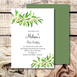Första födelsedag Modern Olive Gren Sage Greenery Inbjudningar