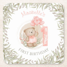 Första födelsedag - Nalle Hjärtballonger Underlägg Papper Kvadrat