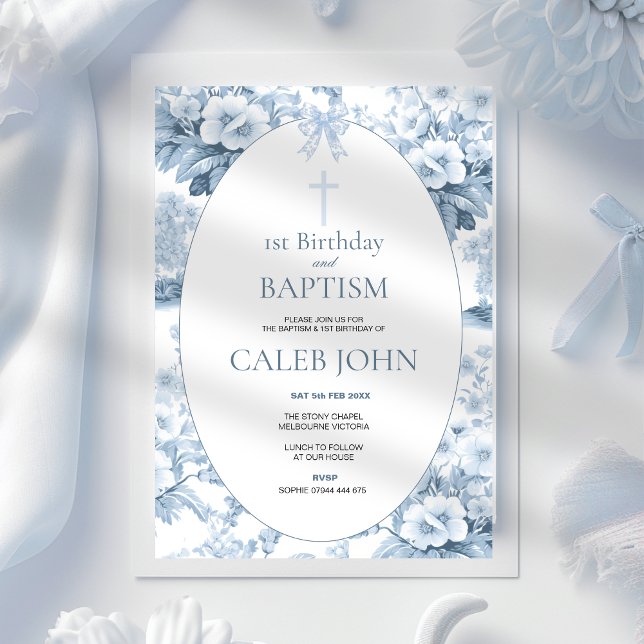 Första födelsedag och baptism för Boy Blue Toile Inbjudningar (Skapare uppladdad)