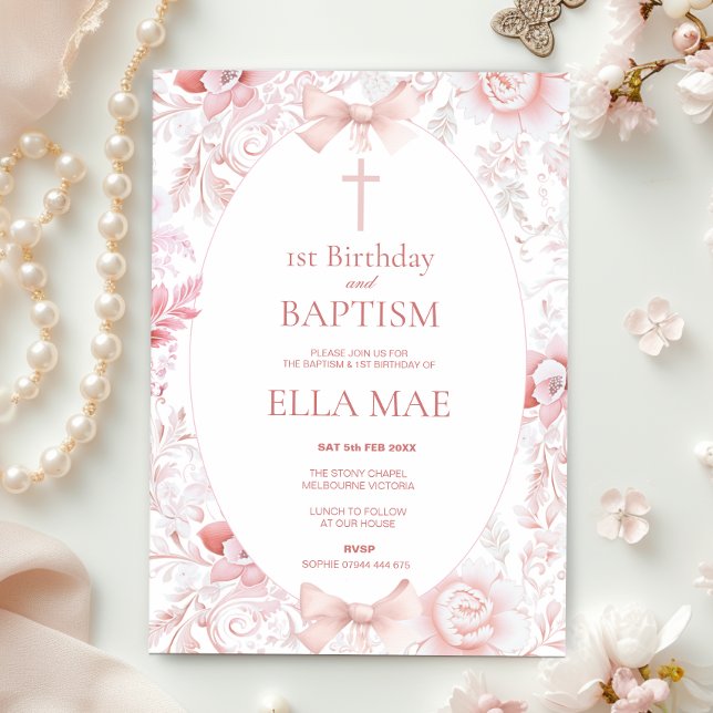 Första födelsedag och baptism för Rosa av flickor Inbjudningar (Skapare uppladdad)