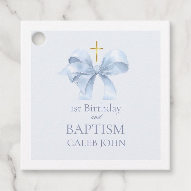 Första födelsedag och baptism - Märkre - blått bla Gåvor Etiketter (Framsida)