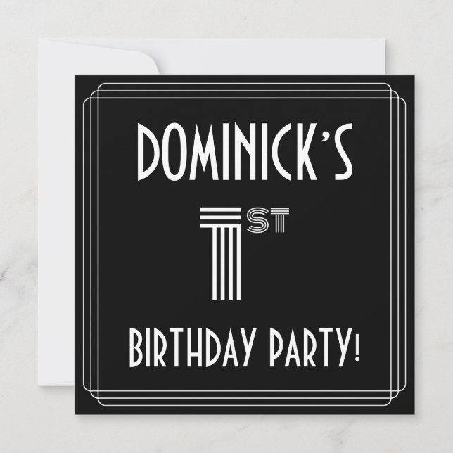 Första födelsedag Party: Art Deco Stil w/ eget nam Inbjudningar (Framsida)