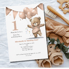 Första födelsedag Party Flicka Björnballonger Inbjudningar