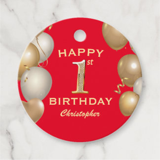 Första födelsedag Party Red och Guld Gåvor Etiketter