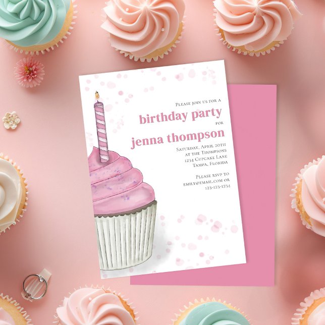 Första födelsedag Party Rosa Cupkaka-Anpassningsba Inbjudningar (Pink watercolor birthday cupcake custom invitaiton. )
