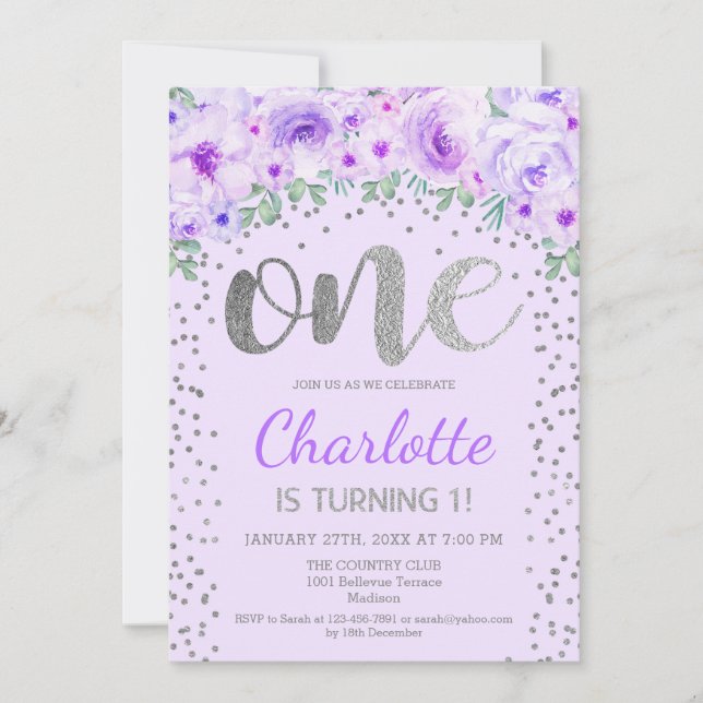 Första födelsedag Party - Silver Lila Inbjudningar (Framsida)