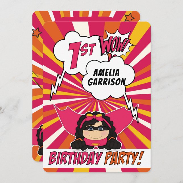 Första födelsedag Party Superhjälten Rosa Tecknad  Inbjudningar (Fram/baksida)