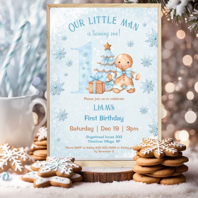 Första födelsedag Pepparkaksgubben Boy Blue jul Inbjudningar (1st Birthday Gingerbread Man Boy Blue Christmas Invitation)