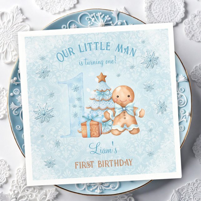 Första födelsedag Pepparkaksgubben Boy Blue jul Pappersservett (1st Birthday Gingerbread Man Boy Blue Christmas Napkins)