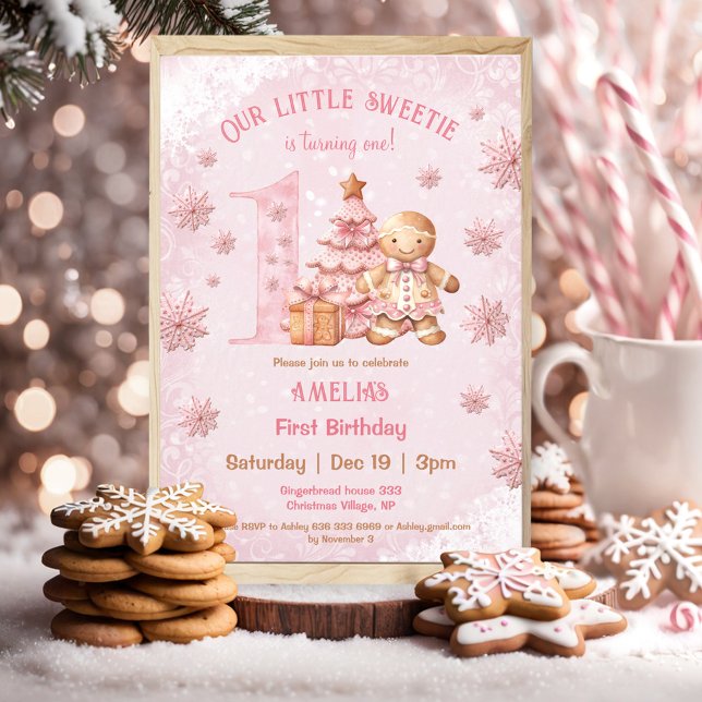 Första födelsedag Pepparkaksgubben Flickor Rosa ju Inbjudningar (1st Birthday Gingerbread Man Girl Pink Christmas Invitation)