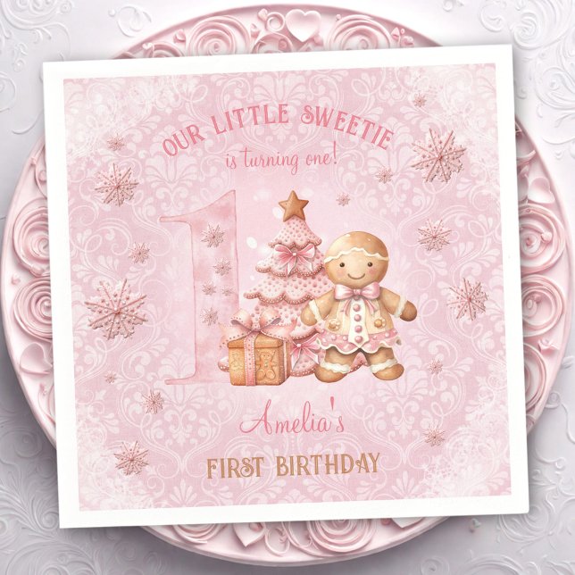 Första födelsedag Pepparkaksgubben Flickor Rosa ju Pappersservett (1st Birthday Gingerbread Man Girl Pink Christmas Napkins)