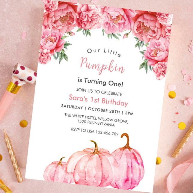 Första födelsedag: Pumpkin och Rosa Blommigt Party Inbjudningar (Skapare uppladdad)