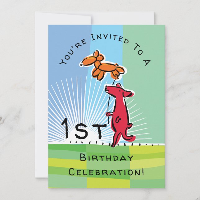 Första födelsedag Röd Hund med Doggie Balloon Part Inbjudningar (Framsida)