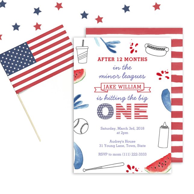 Första födelsedag Röd Vit Blå Basebollfest Inbjudningar (Patriotic Baseball theme 1st birthday invitation)