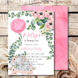 Första födelsedag Rosa Balloon Eucalyptus Elephant Inbjudningar