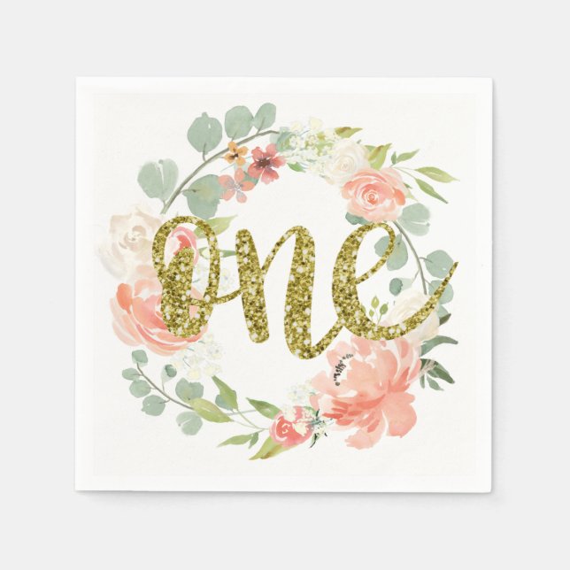 Första födelsedag Rosa Guld Blommigt Utandning Nap Pappersservett (Framsidan)