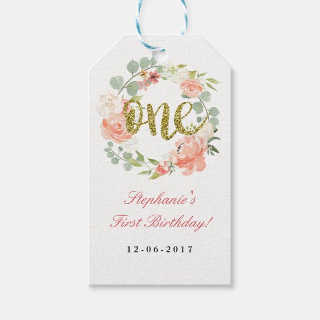 Första födelsedag Rosa Guld Blommigt Utandningsluf Presentetikett (Framsidan)