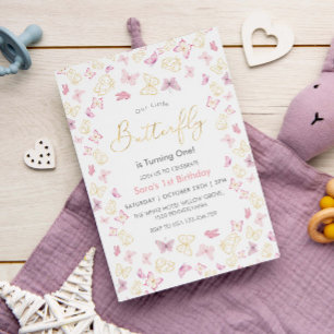 Första födelsedag Rosa och Guld Butterflies Inbjudningar
