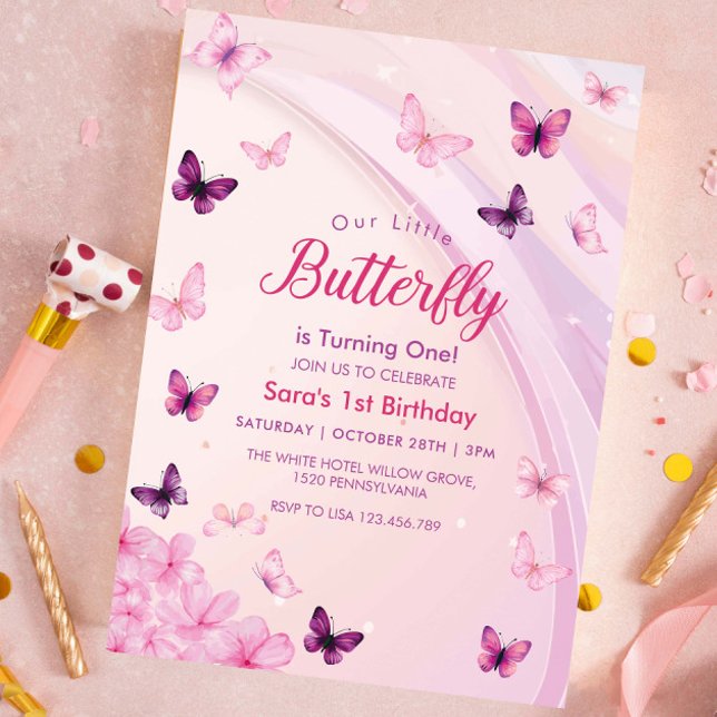 Första födelsedag Rosa och lila Butterflies Party Inbjudningar (Skapare uppladdad)