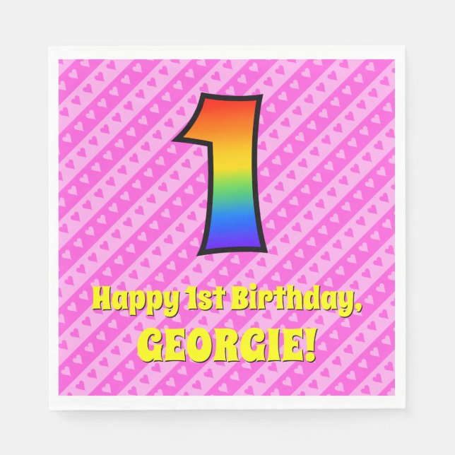 Första födelsedag: Rosa Rand & Hearts, regnbåge nr Pappersservett (Framsidan)