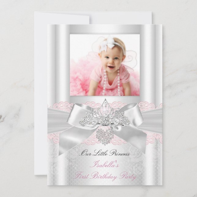 Första födelsedag Rosa Vit Spets Diamant Tiara 2 Inbjudningar (Framsida)