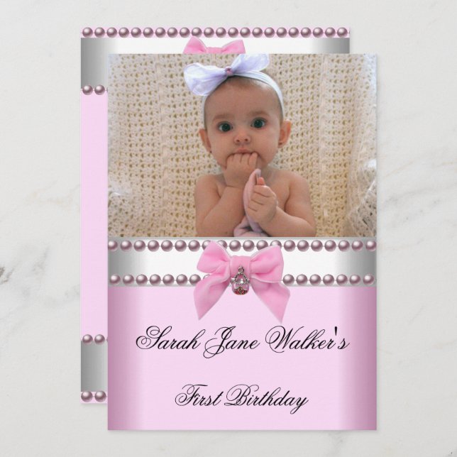 Första födelsedag - Rosa Vita örnfoto - första Inbjudningar (Fram/baksida)