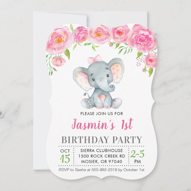 Första födelsedag Rosan Elephant Party Blommigt Inbjudningar (Framsida)