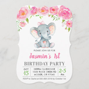 Första födelsedag Rosan Elephant Party Blommigt Inbjudningar