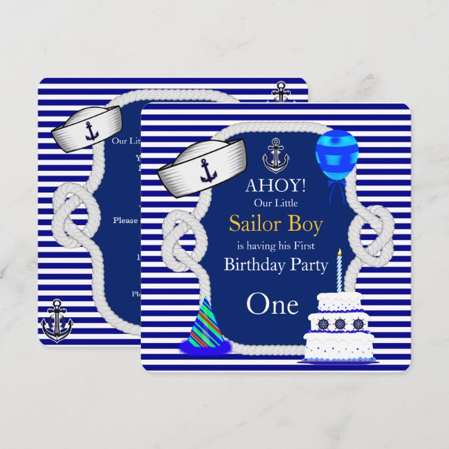 Första födelsedag Sailor Boy Blue Rand Inbjudningar (Fram/baksida)