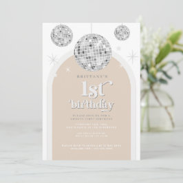 Första födelsedag Silver Retro Disco Glitter Inbjudningar