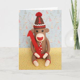 Första födelsedag Sock monkey Firande Kort