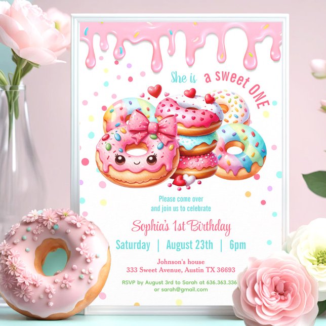 Första födelsedag Söt en Rosa flicka i Cute Donut Inbjudningar (1st Birthday Sweet One Cute Donut Pink Girl Invitation)
