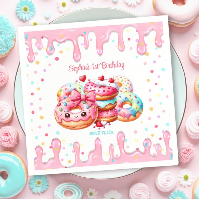 Första födelsedag Söt en Rosa flicka i Cute Donut Pappersservett (1st Birthday Sweet One Cute Donut Pink Girl Napkins)
