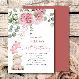 Första födelsedag Söt lilla Lamb Rosa ros Inbjudningar