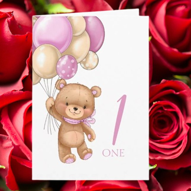 Första födelsedag sött rosa-ballonger Flickteddy-k Kort (Celebrate her special day with a cute pink teddy and balloons 1st birthday card)