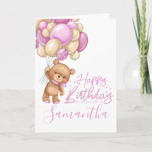 Första födelsedag sött teddy-rosa-ballongkort kort