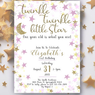 Första födelsedag: Twinkle Little Star Guld Girl Inbjudningar
