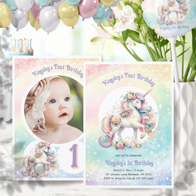 Första födelsedag Unicorn Photo Rainbow Pastel Par Inbjudningar (First Birthday Unicorn Photo Rainbow Pastel Party Invitation)