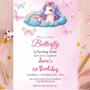 Första födelsedag Unicorn Rosa Butterfly Inbjudningar